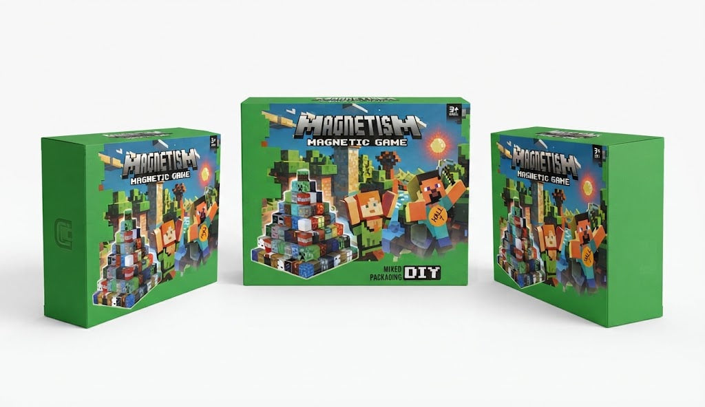 Three green boxes for a magnetic game set labeled 'Magnetism DIY' with colorful illustrated cover art, shown on a clean white studio background.