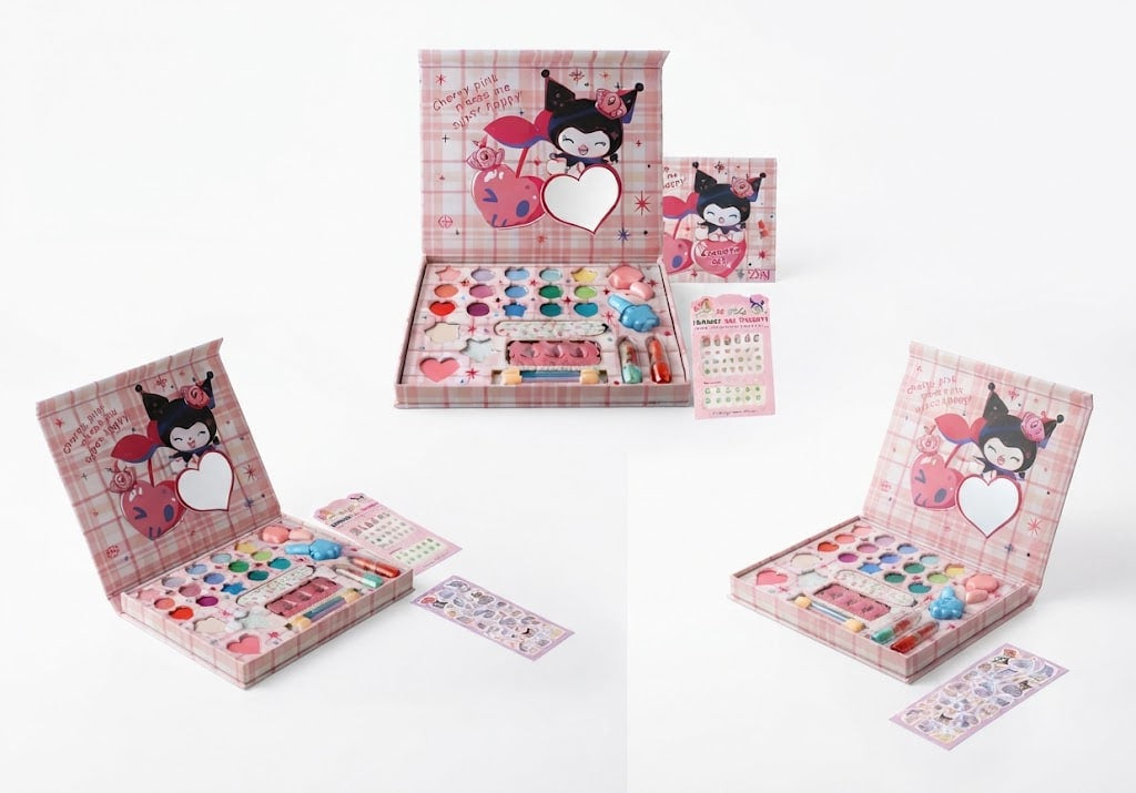Three views of a children's makeup kit in a pink plaid box featuring Kuromi character artwork, shown open on a white background.