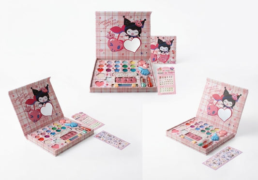 Three views of a children's makeup kit in a pink plaid box featuring Kuromi character artwork, shown open on a white background.
