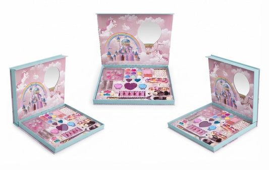 Three views of a children's makeup set in a pastel pink and light blue box with unicorn and castle illustrations. The open boxes show a variety of makeup items including pink and purple eyeshadows, lip colors, and a small mirror.
