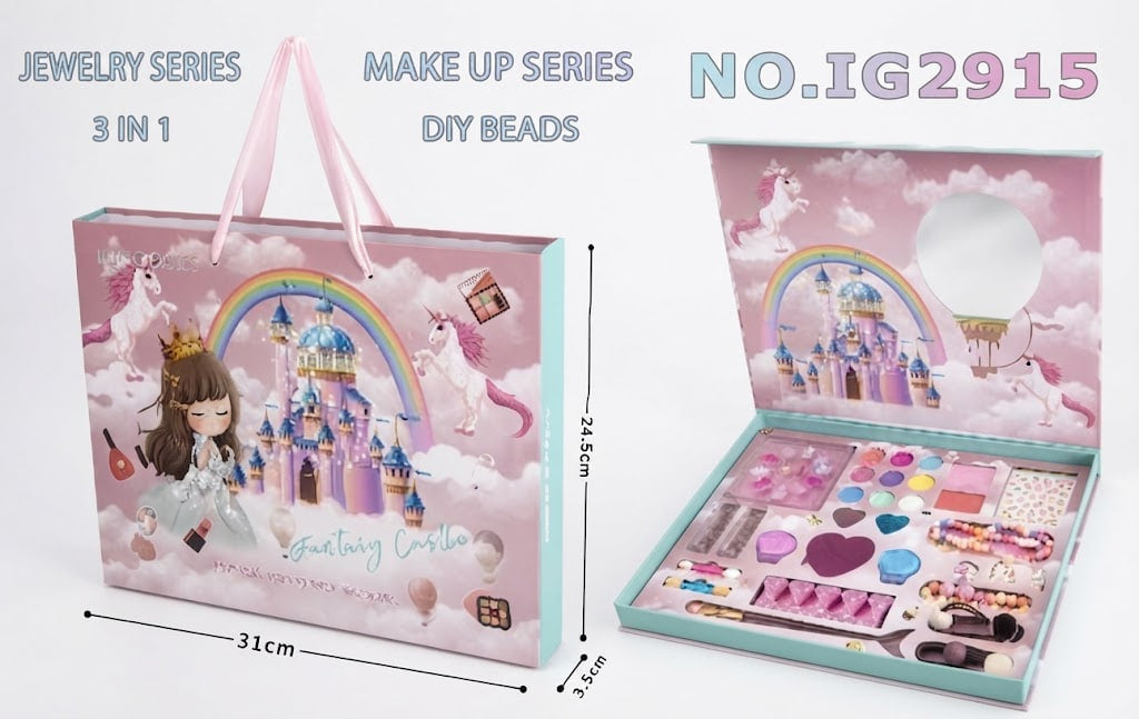 A children's DIY jewelry and makeup bead kit shown in closed and open views on a white background, with text indicating dimensions and product code. The packaging features a pink unicorn and castle illustration with pastel rainbow and pastel makeup accessories inside.