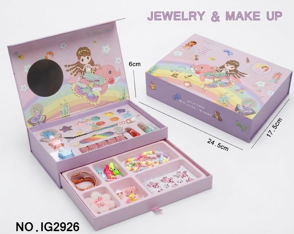 A children's jewelry and makeup gift set in a pastel lavender box with cartoon illustrations, shown open with compartments containing bracelets, beads, stickers, and small accessories, plus the closed box shown beside it with dimensions labeled.