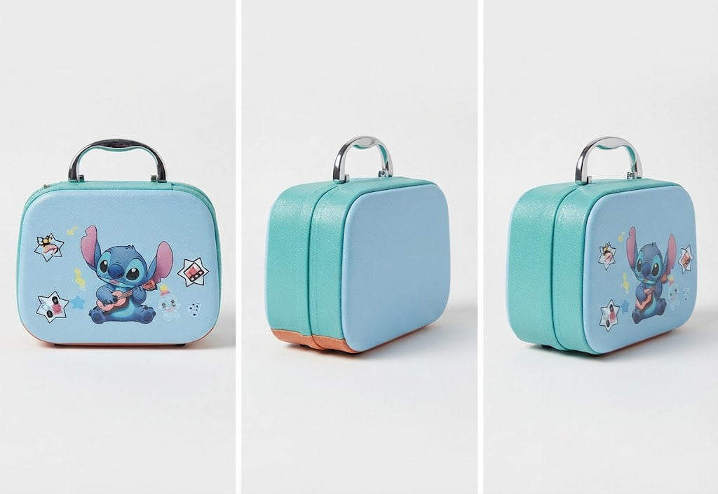 Three views of a small hard-shell lunch bag or case on a light gray background. The bag is light blue and turquoise with a silver handle.