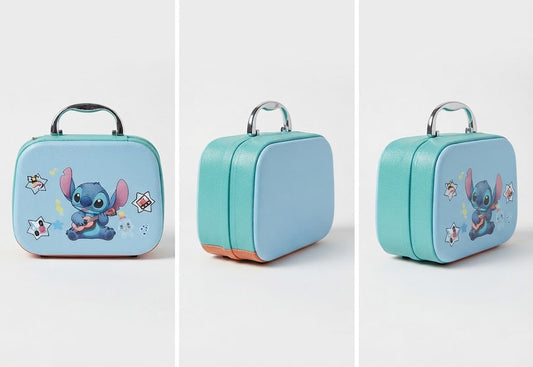 Three views of a small hard-shell lunch bag or case on a light gray background. The bag is light blue and turquoise with a silver handle.
