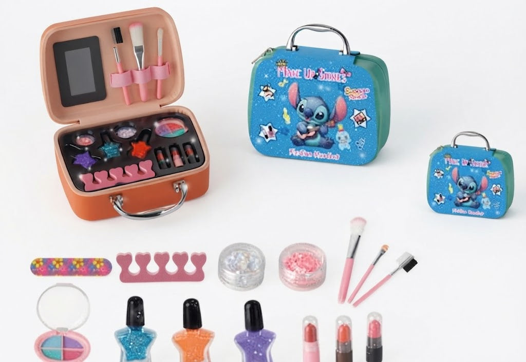 A children's makeup vanity set displayed on a white background, including an open peach makeup case with pink accessories, a blue Stitch-themed case, a smaller matching blue case, nail polish bottles, lipsticks, brushes, and other cosmetic items.