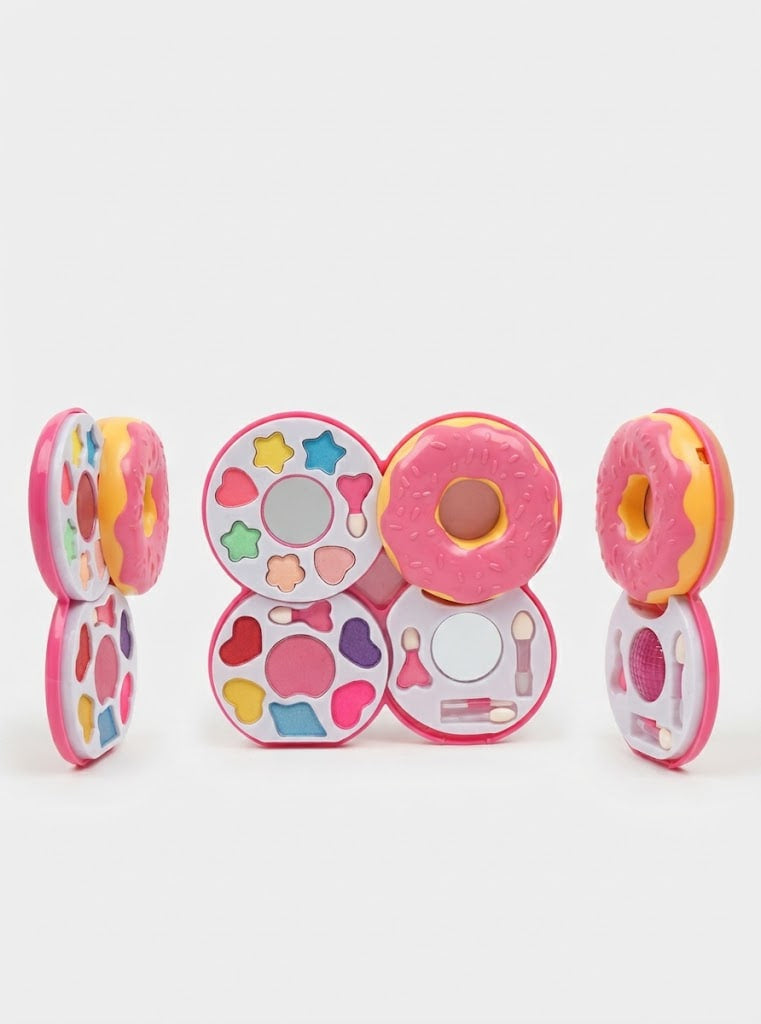 A set of donut-shaped makeup compact toys in pink, shown open and closed on a clean white background.