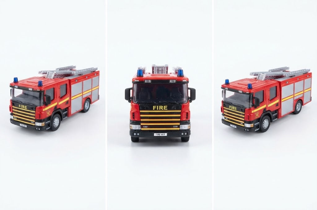 Three views of a red fire engine toy truck on a white background, showing front and side angles.