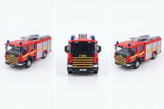 Three views of a red fire engine toy truck on a white background, showing front and side angles.