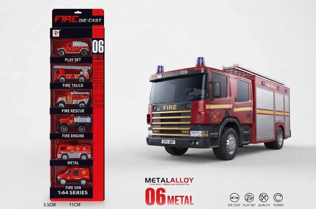Metal Alloy 06 Fire Van die-cast toy set shown next to its retail packaging on a light gray background. The toy set includes a red fire truck with yellow stripes, blue警 lights, and a ladder, alongside four smaller red fire-themed miniature pieces in a black and red blister pack.