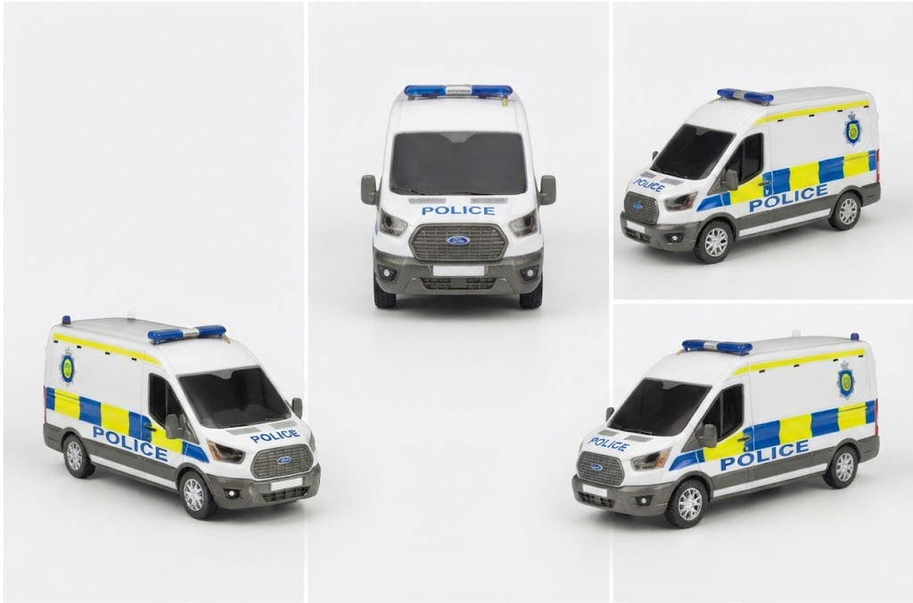 Four views of a small die-cast model Ford Transit police van, showing front and side angles on a clean white background.