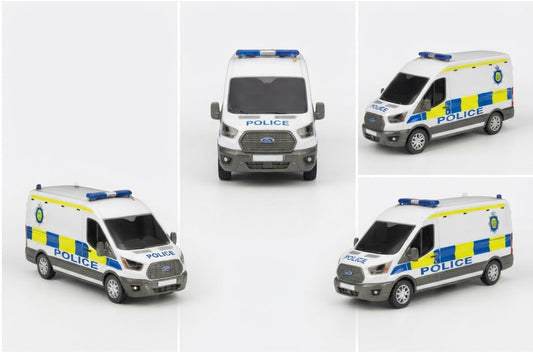 Four views of a small die-cast model Ford Transit police van, showing front and side angles on a clean white background.