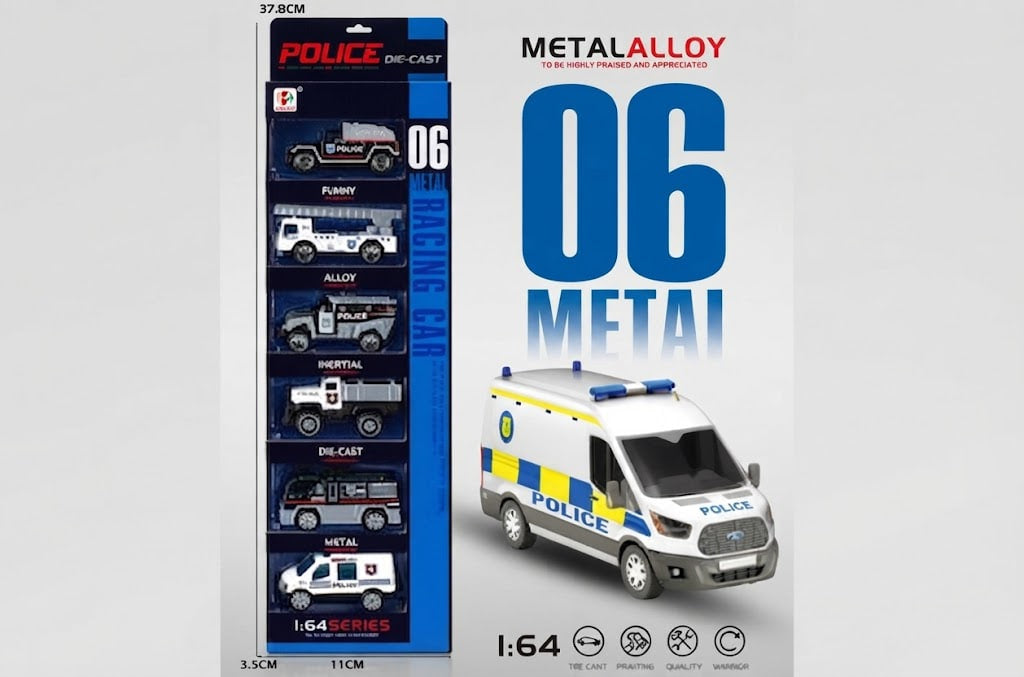 A boxed set of metal die-cast toy vehicles shown on a light gray background. The left side displays the retail packaging with a vertical strip of five different police and utility vehicles, labeled '06 TRUCK CAR.