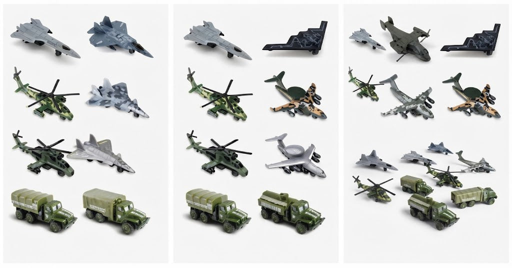 A set of military toy models including fighter jets, helicopters, bombers, cargo trucks, and armored vehicles in green, gray, and camouflage colors, arranged in three columns on a white background.