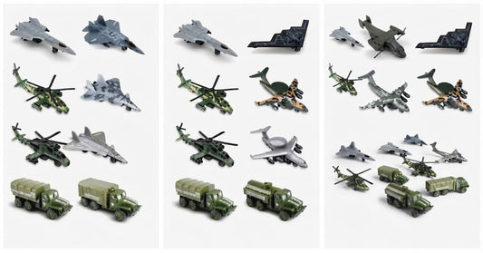 A set of military toy models including fighter jets, helicopters, bombers, cargo trucks, and armored vehicles in green, gray, and camouflage colors, arranged in three columns on a white background.