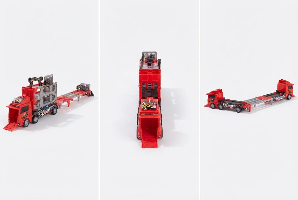 A red toy semi-truck transporter set shown in three views on a white background: assembled with cargo, folded upright, and empty with the trailer extended.