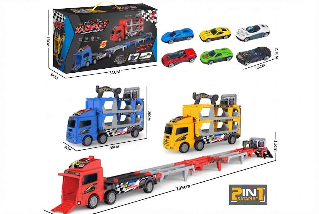 A toy multi-car transporter truck set shown with its retail box, plus two smaller truck views and six toy cars. The image includes dimension labels and a 'P1N KATARUP' logo in the corner, but this is still primarily a product presentation rather than a measurement chart because the dimensions are secondary annotations over a product photo.