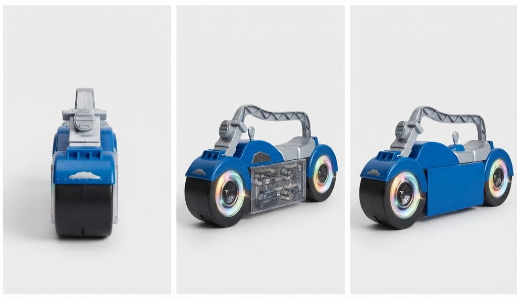 Three views of a blue and silver futuristic toy car with black wheels and glowing multicolor rims, shown on a light gray background.