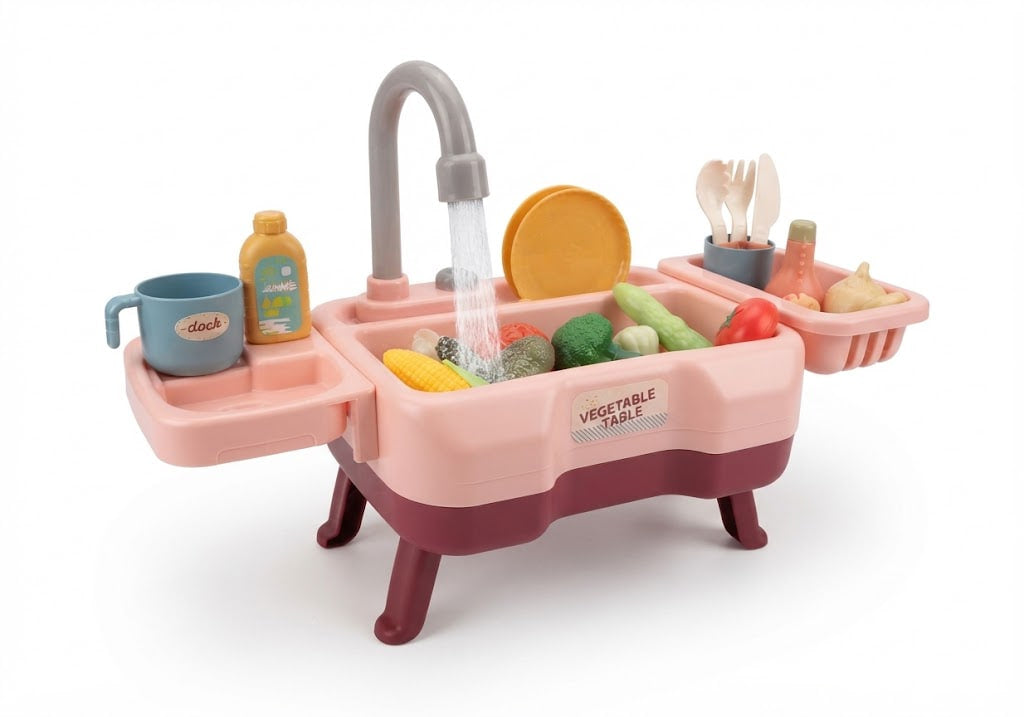 A children's play kitchen sink set with a pink basin, gray faucet with water flow, toy vegetables, utensils, and small accessories on a white background.