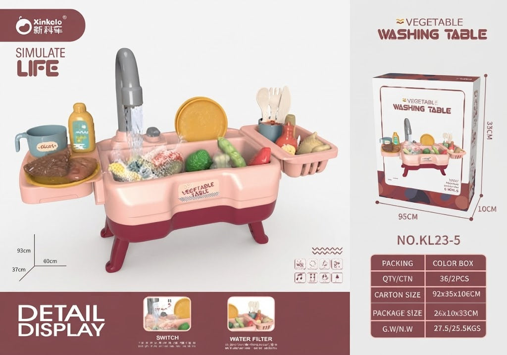 Pink toy vegetable washing table set with pretend dishes and utensils, shown with packaging box, dimensions, and feature icons on a white background.