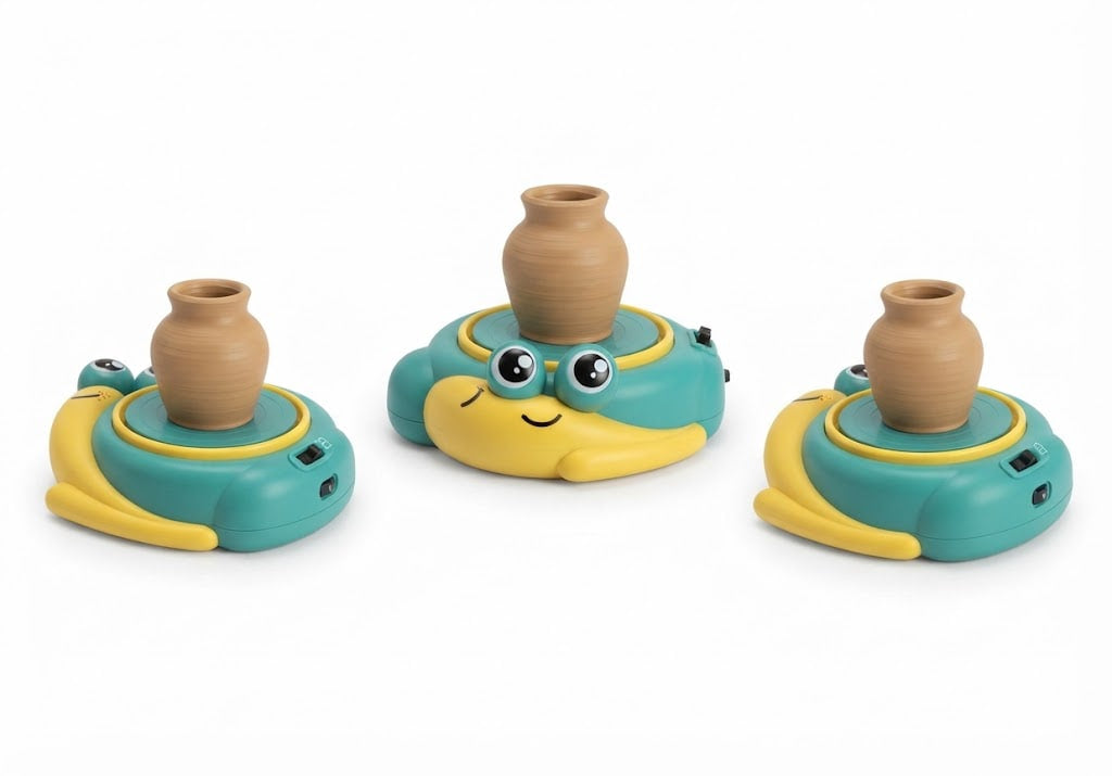 Three colorful pottery spinning wheels shown on a white background, including two standard teal and yellow wheels and one cartoon turtle-shaped wheel with a small clay pot on top.