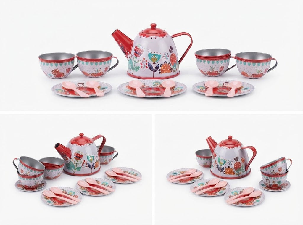 Vintage Afternoon Metal Tea Party Set – 15-Piece Floral Tin Tableware Playset