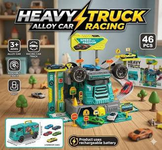 Heavy 2-in-1 Alloy Car Assembly Track Playset – Multi-Level Racing & Transporter Station