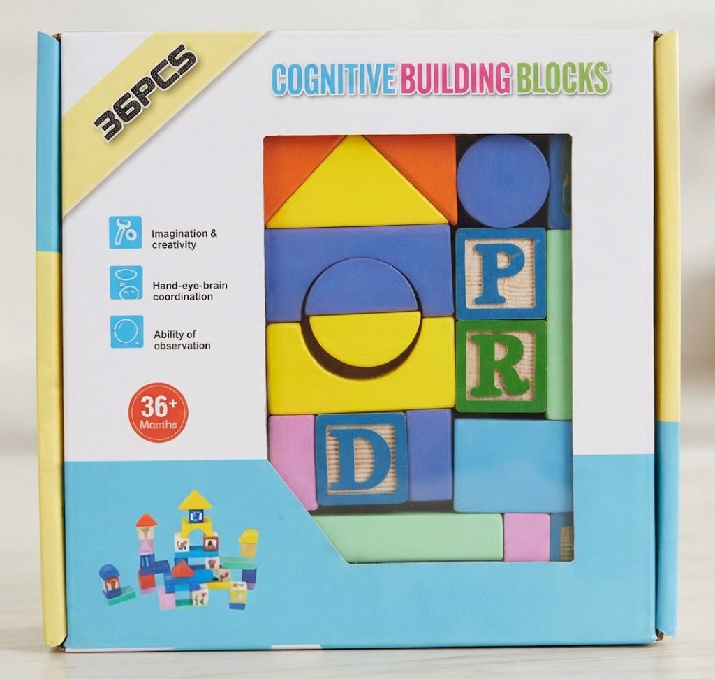 Classic Wooden Building Blocks Set – 36-Piece Geometric Stacking & Construction Set